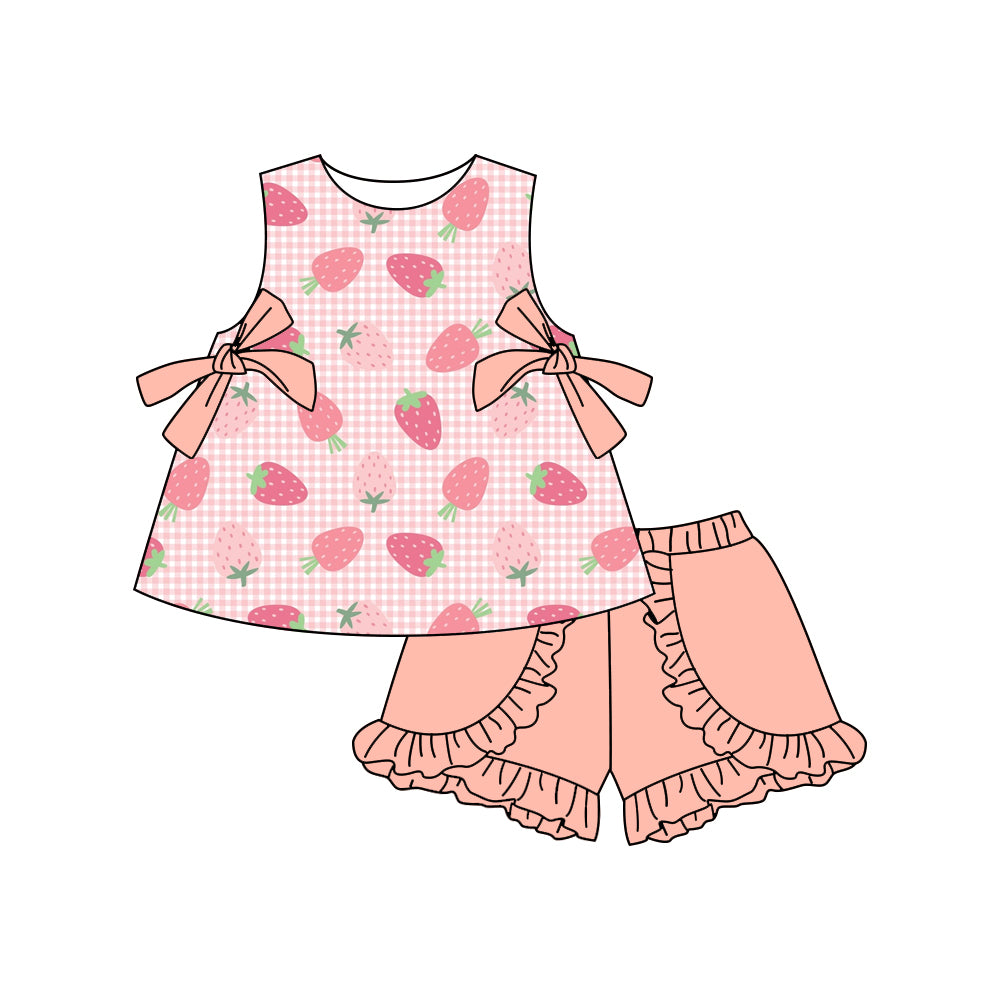 preorder GSSO2343 cute strawberry pink checkered with bows sleeveless shorts girls set