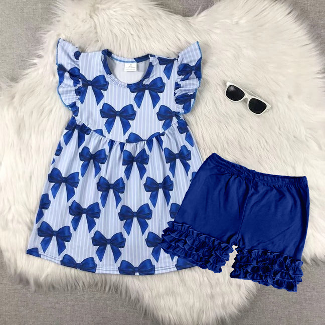 preorder GSSO2359 blue cows coquette bows blue flutter sleeve blue shorts girls set
