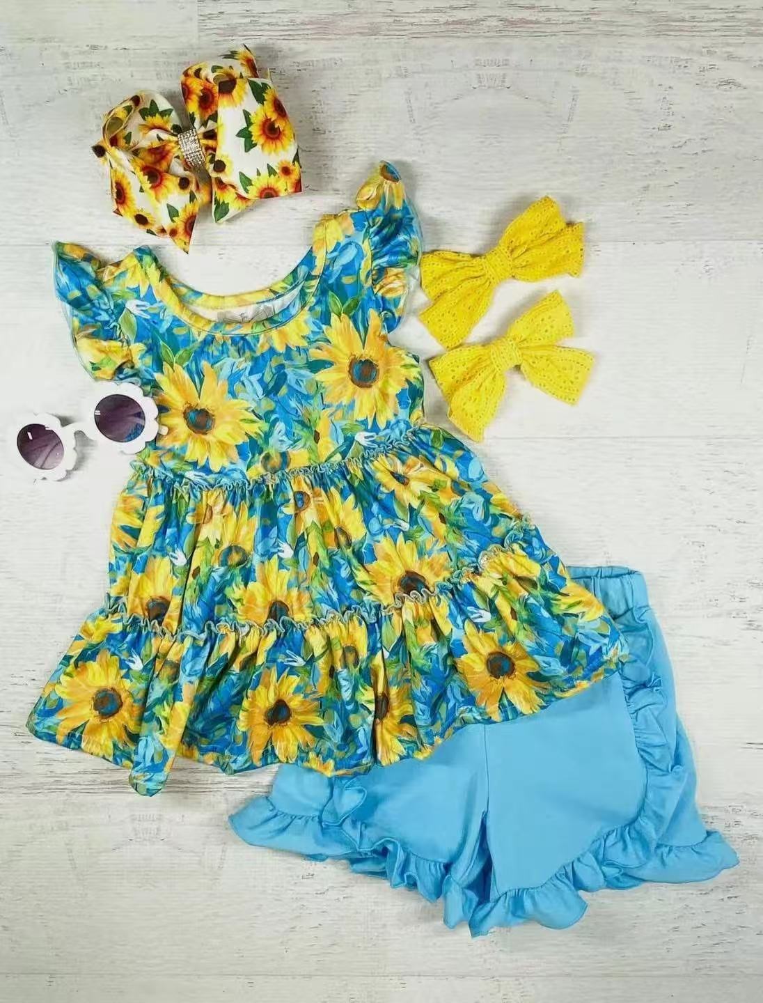preorder GSSO2361 sunflowers blue flutter sleeve blue shorts girls set
