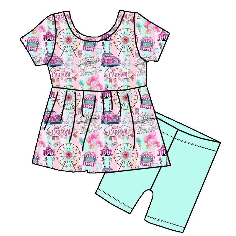 preorder GSSO2363 cartoon BA amusement park short sleeve green shorts girls set
