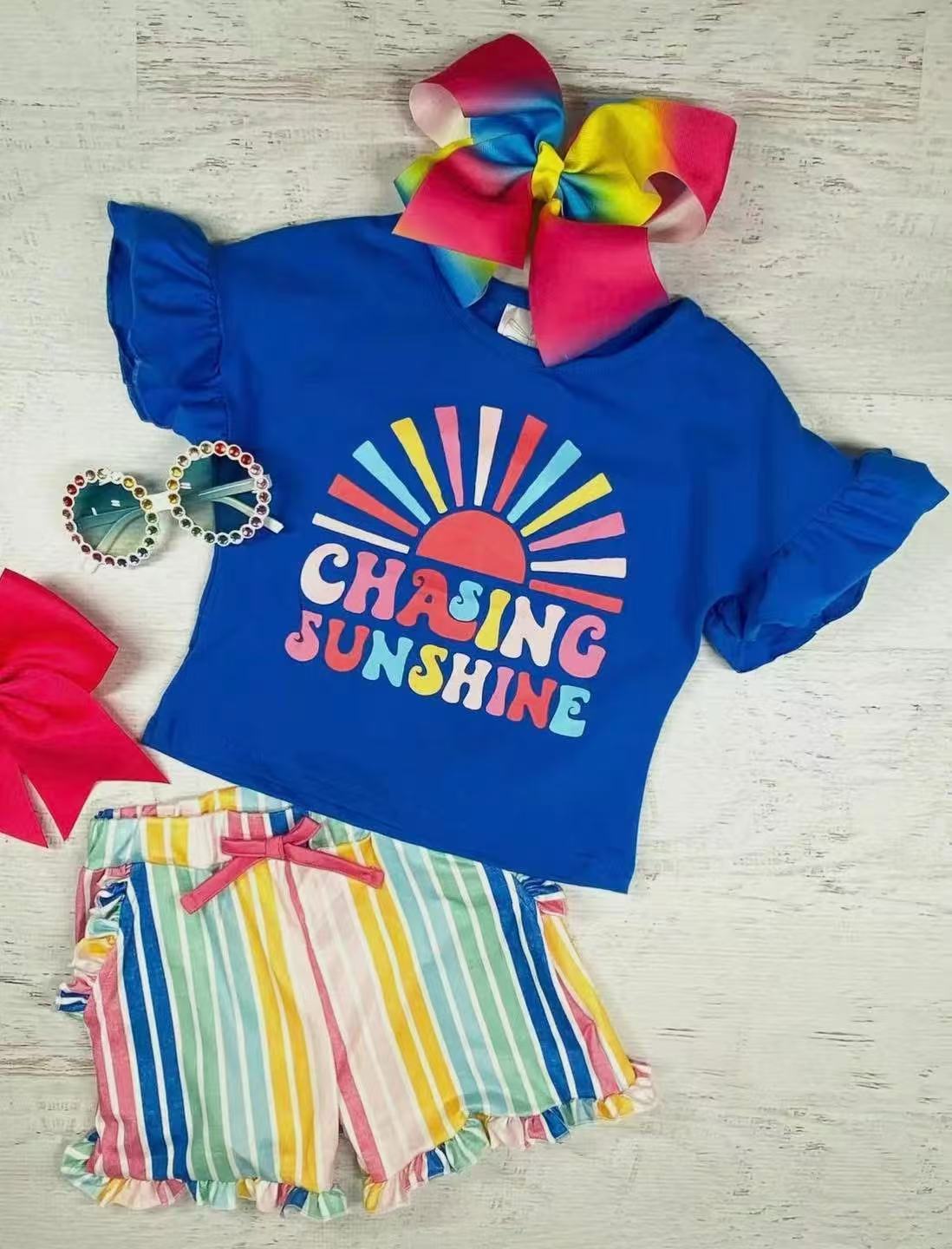 preorder GSSO2365 chasing sunshine blue short sleeve rainbow striped shorts girls set