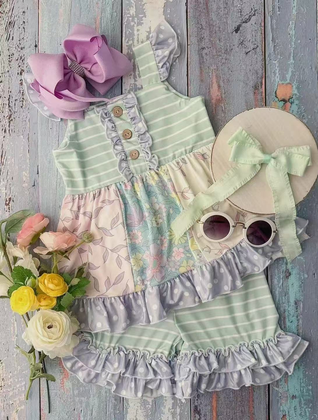 preorder GSSO2366 colorful flowers green flutter sleeve shorts girls set