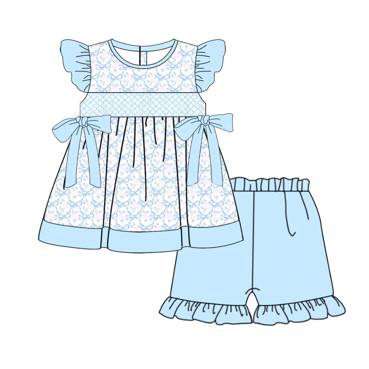 preorder GSSO2367 blue bows with bows flutter sleeve blue shorts girls set