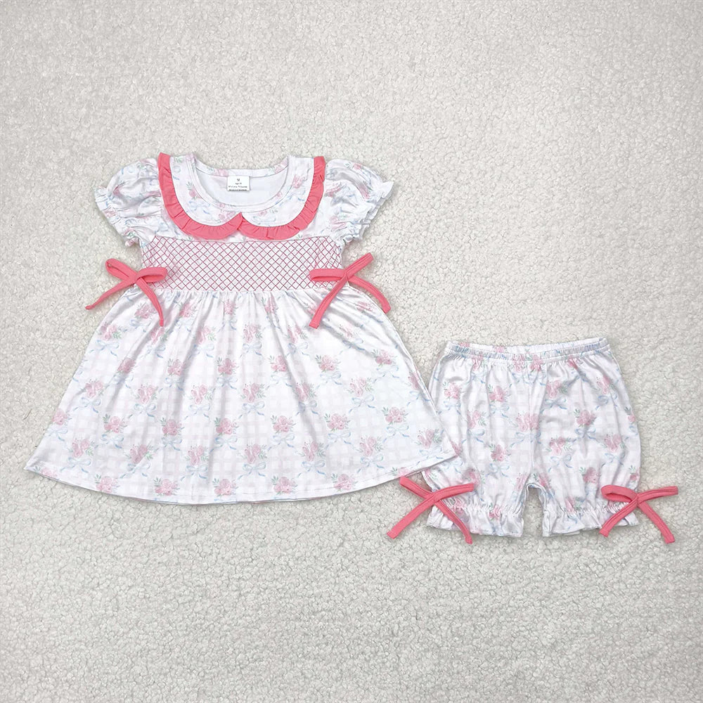 embroidery pink flowers Summer Sibling Clothes RTS