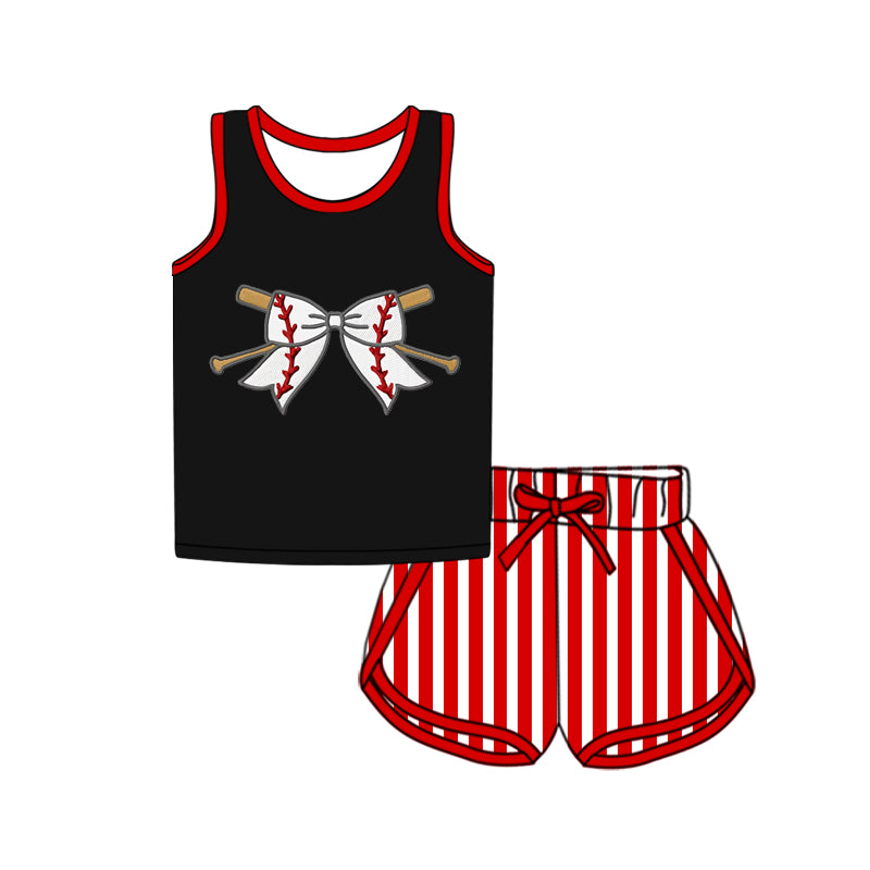 preorder GSSO2370 play baseball black sleeveless red striped shorts girls set