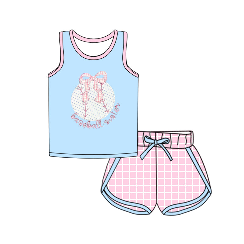 preorder GSSO2372 play baseball bows sleeveless pink checkered shorts girls set