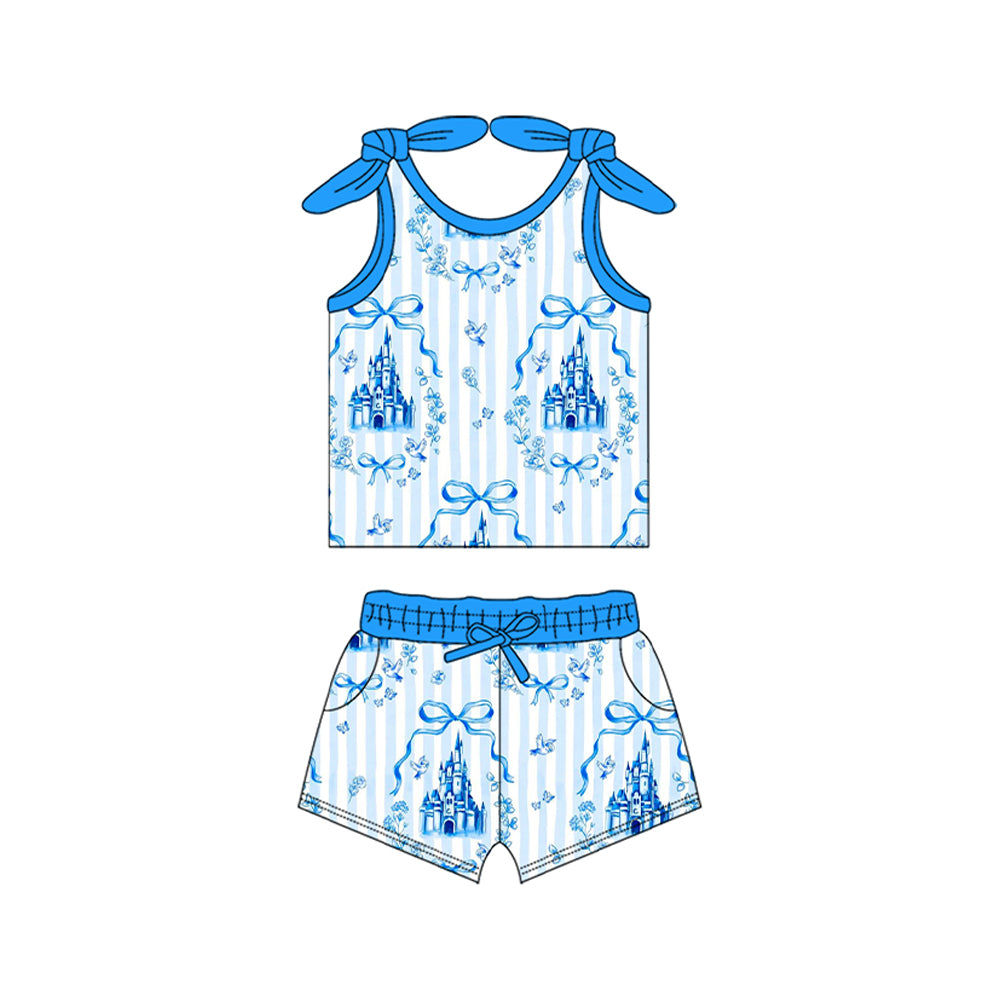 preorder GSSO2377 pink bows coquette bows castle blue sleeveless shorts girls set