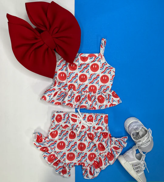 preorder GSSO2378 July 4th smile red blue camisole shorts girls set