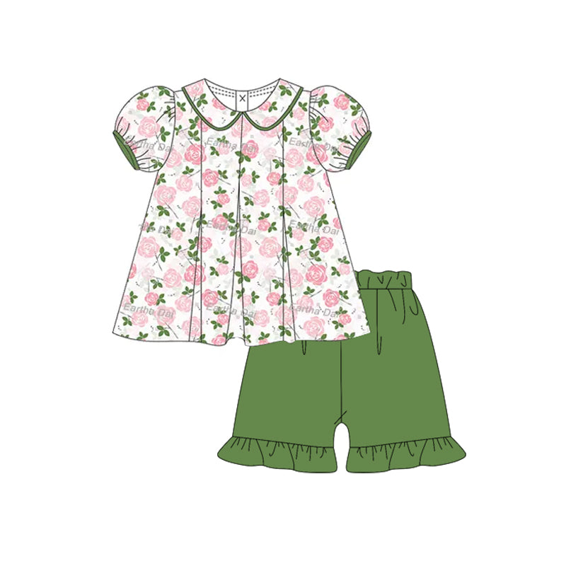 preorder GSSO2381 pink flowers short sleeve green shorts girls set