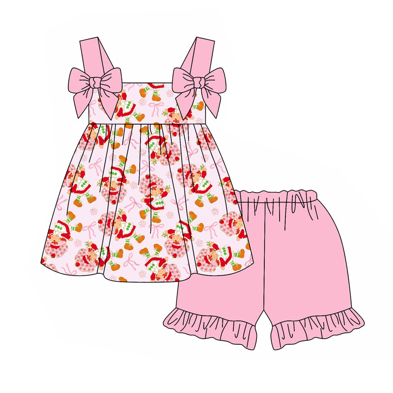 preorder GSSO2384 cute strawberry girl bows camisole pink shorts girls set