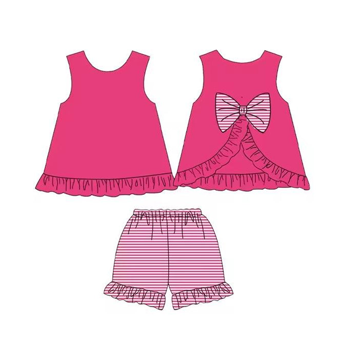 preorder GSSO2395 hot pink sleeveless with bow striped shorts girls set