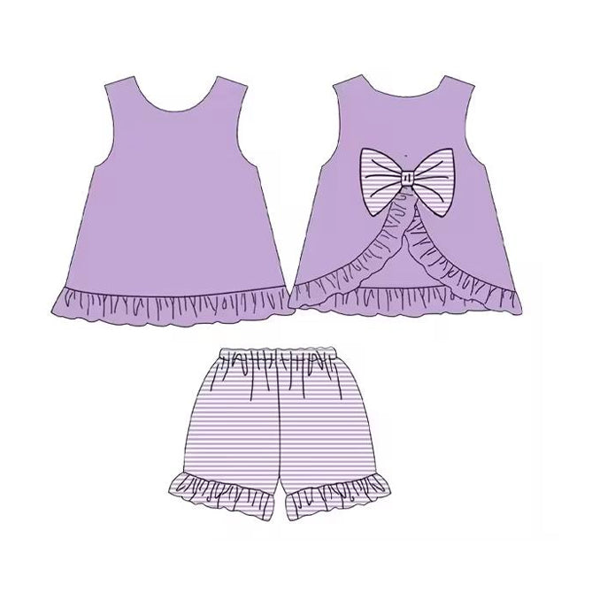 preorder GSSO2398 purple sleeveless with bow striped shorts girls set