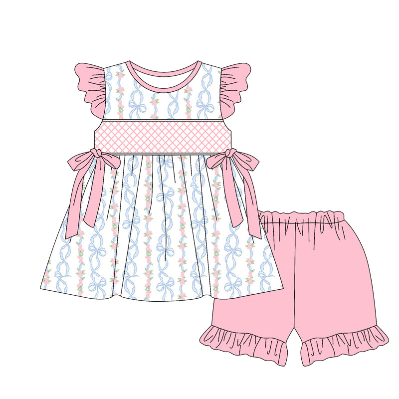 preorder GSSO2399 pink flowers blue bows flutter sleeve pink shorts girls set