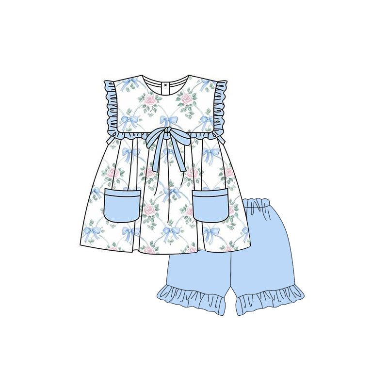 preorder GSSO2401 pink flowers blue bows pockets sleeveless blue shorts girls set