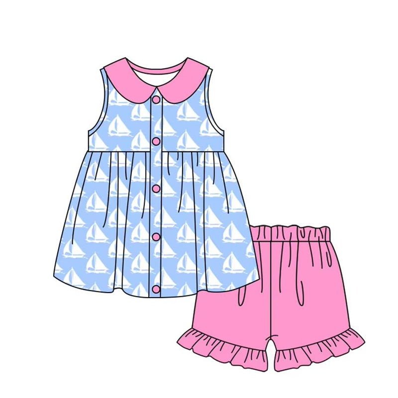 preorder GSSO2406 cute sailboat blue sleeveless hot pink shorts girls set