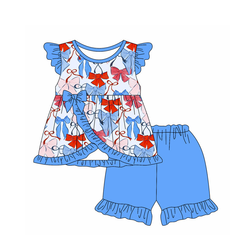 preorder GSSO2409 July 4th red blue bows flutter sleeve blue shorts girls set