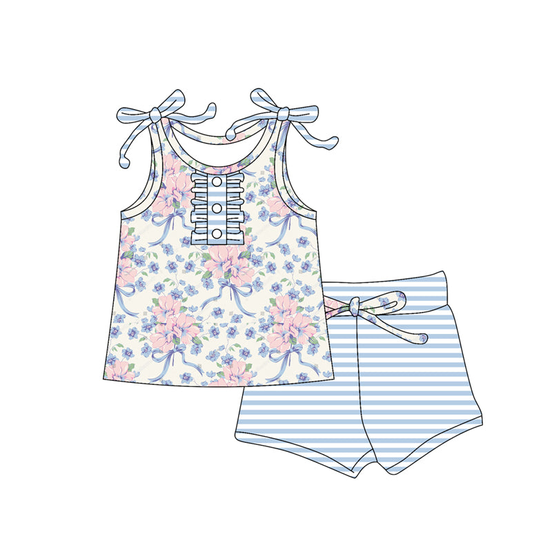 preorder GSSO2410 pink flowers blue bows camisole blue striped shorts girls set