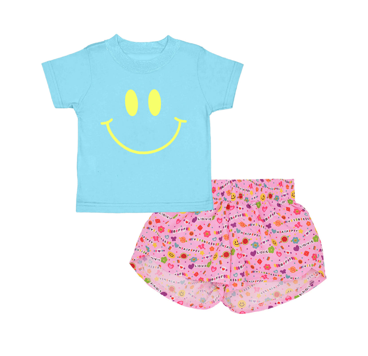preorder GSSO2411 smile blue short sleeve pink flowers smile heart shorts girls set