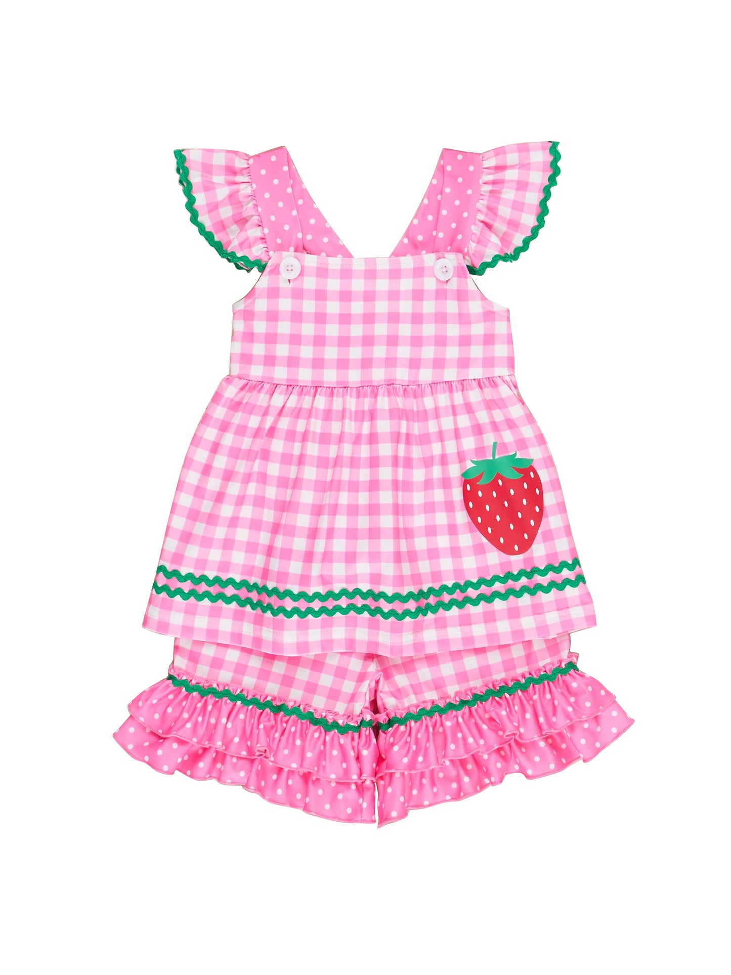 preorder GSSO2440 cute strawberry pink checkered flutter sleeve pink ruffles shorts girls set