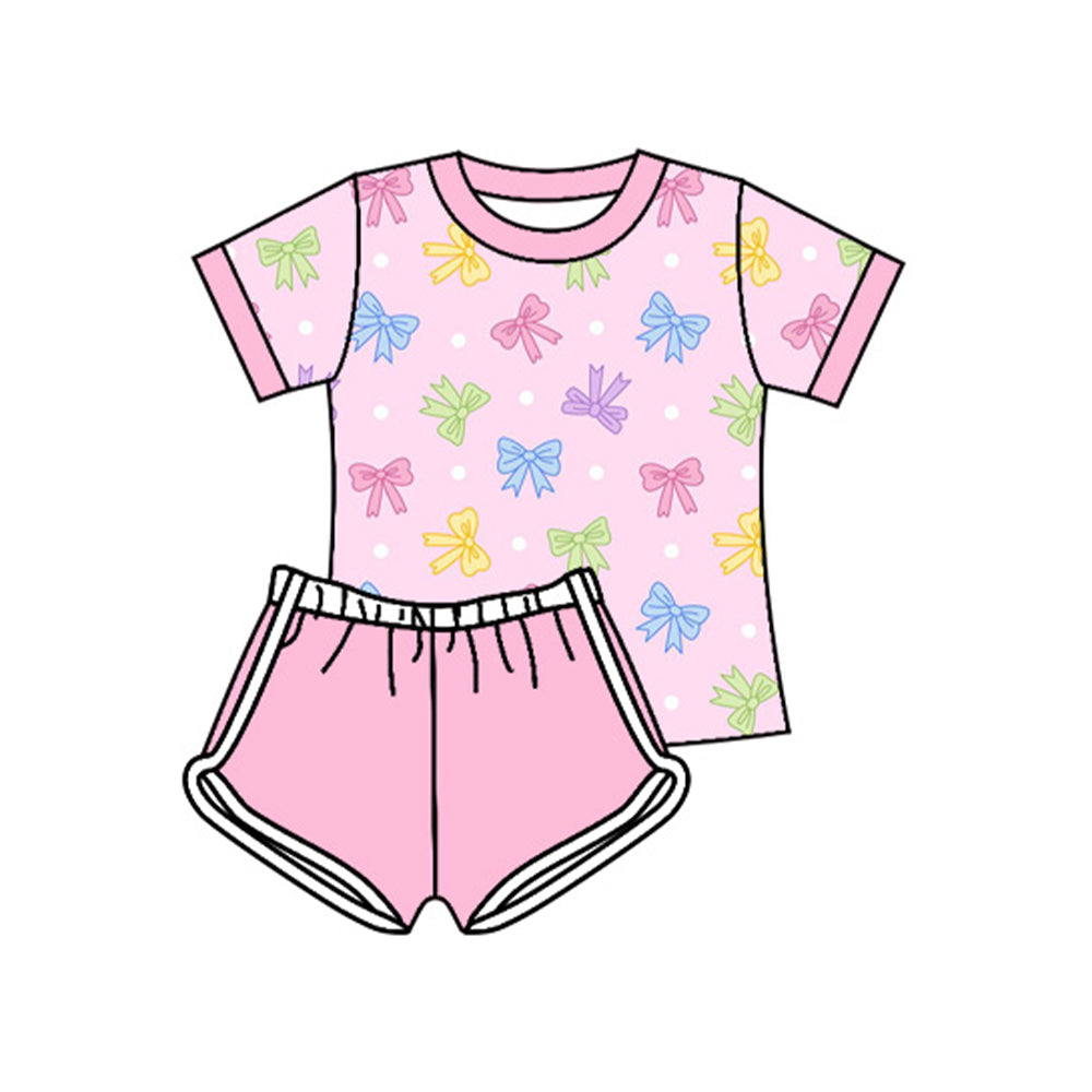 preorder GSSO2442 colorful bows coquette bows pink short sleeve pink shorts girls set