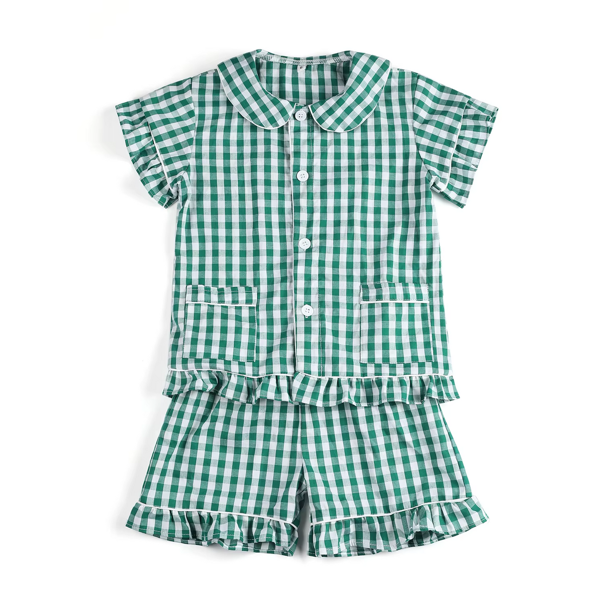 preorder GSSO2445 green checkered pockets short sleeve shorts girls set