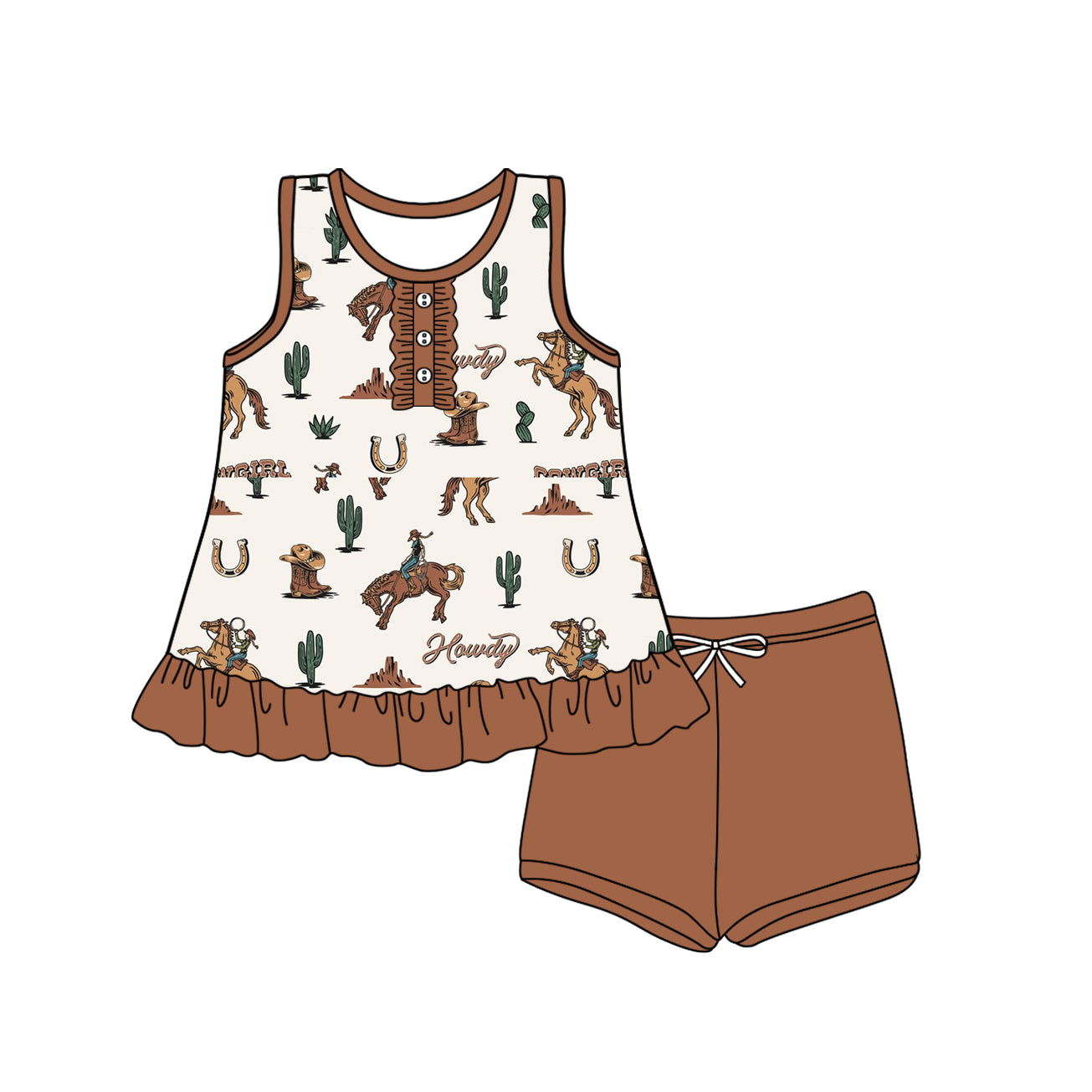 preorder GSSO2448 Western cowboy howdy rodeo cactus sleeveless brown shorts girls set