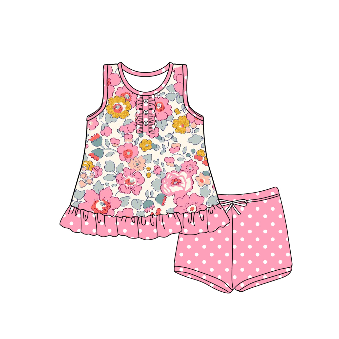 preorder GSSO2452 colorful flowers sleeveless pink dot shorts girls set