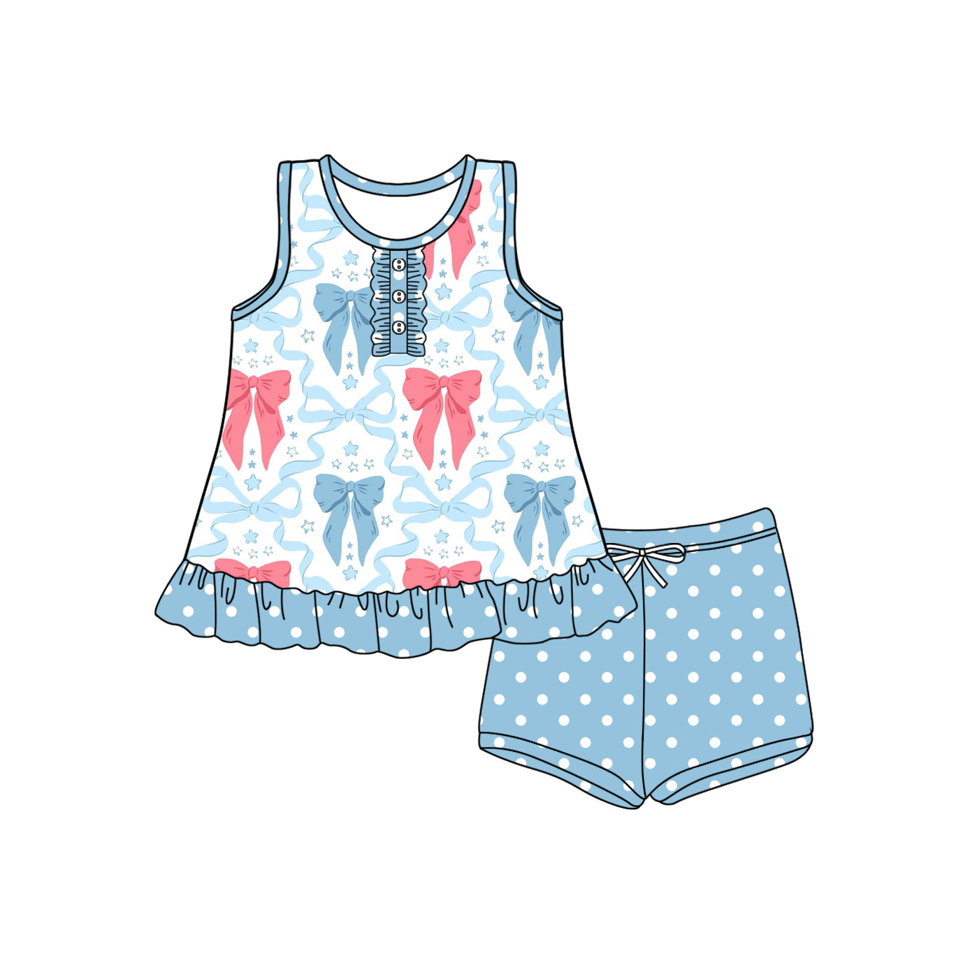 preorder GSSO2454 pink bows blue bows sleeveless blue dot shorts girls set