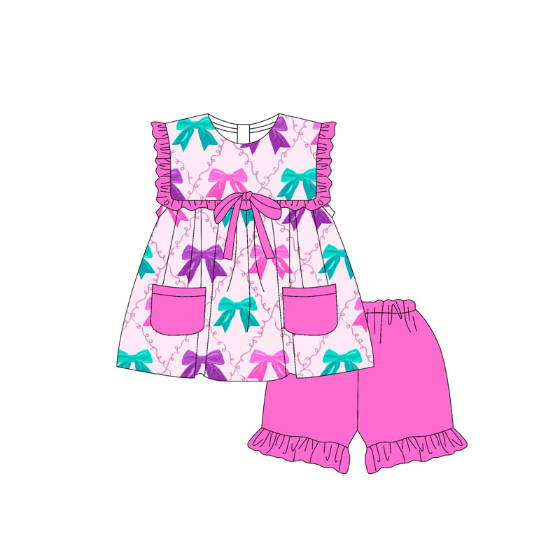 preorder GSSO2463 green/hot pink/purple bows sleeveless hot pink shorts girls set