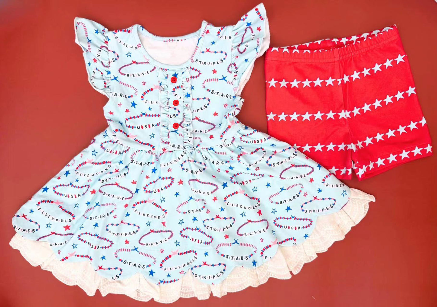 preorder GSSO2466 July 4th star USA flutter sleeve star red shorts girls set
