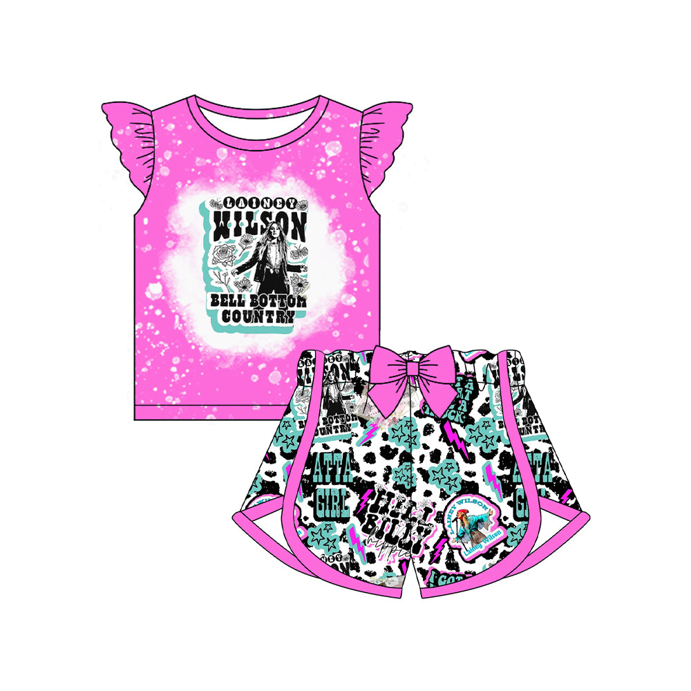preorder GSSO2490 Western cowgirl atta girl purple flutter sleeve cow print shorts girls set