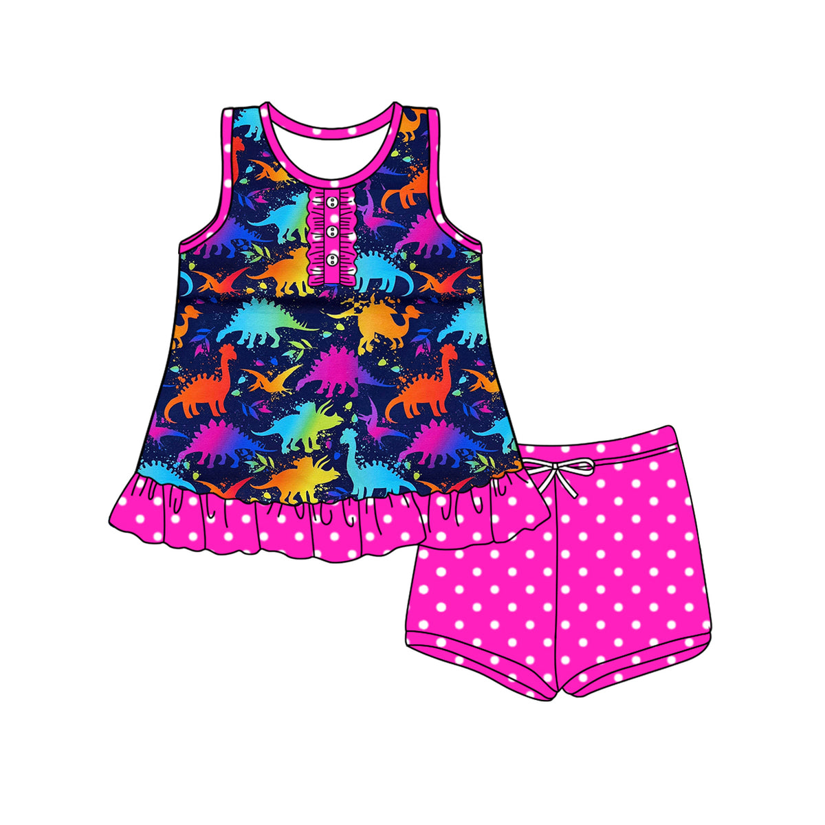 preorder GSSO2492 colorful dinosaur sleeveless hot pink dot shorts girls set