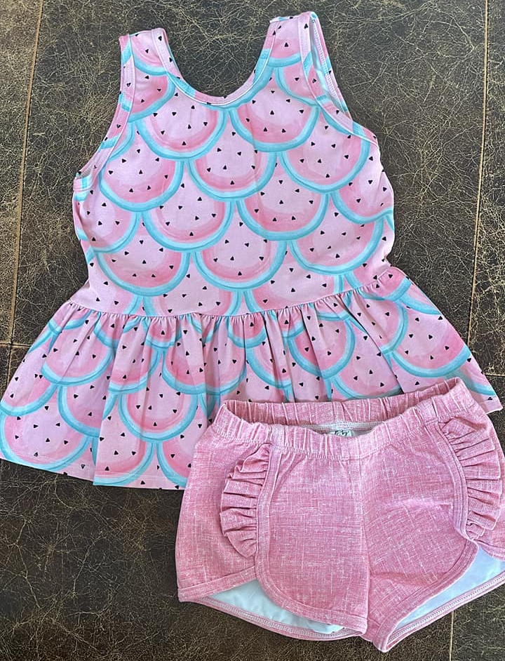 preorder GSSO2494 pink watermelon sleeveless pink shorts girls set