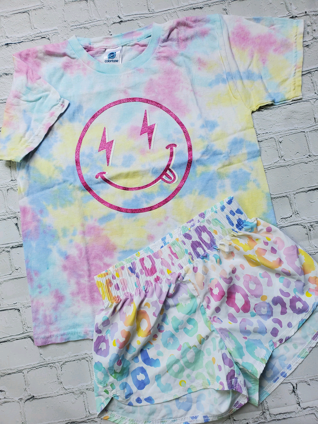 preorder GSSO2495 colorful ink pattern smile short sleeve leopard shorts girls set