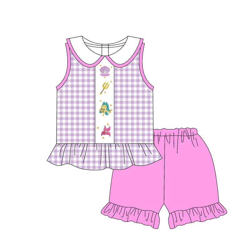 preorder GSSO2509 cartoon shell fish mermaid purple checkered sleeveless purple shorts girls set