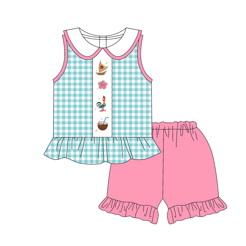 preorder GSSO2511 holiday boat flowers chick green checkered sleeveless pink shorts girls set