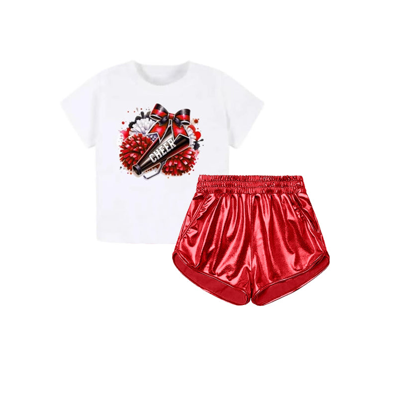 preorder GSSO2514 cheer bow short sleeve red leather shorts girls set
