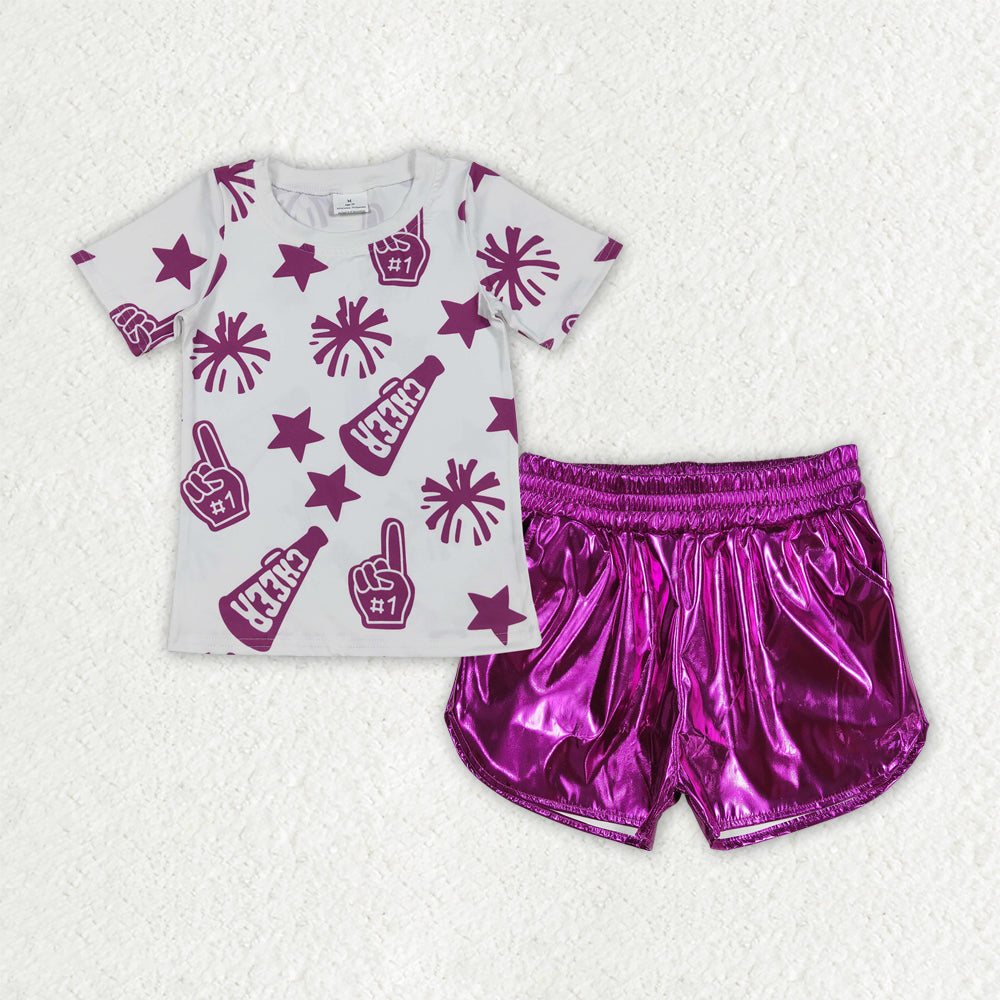 GSSO2515 cheer firework star purple short sleeve purple leather shorts girls set