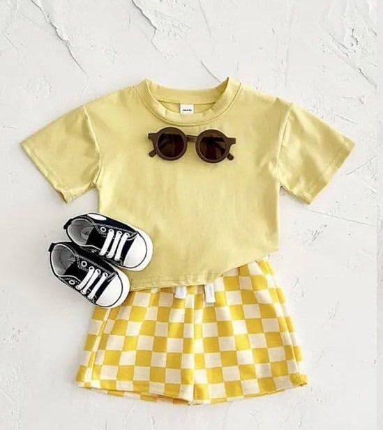 preorder GSSO2523 yellow short sleeve blue checkered shorts boys set