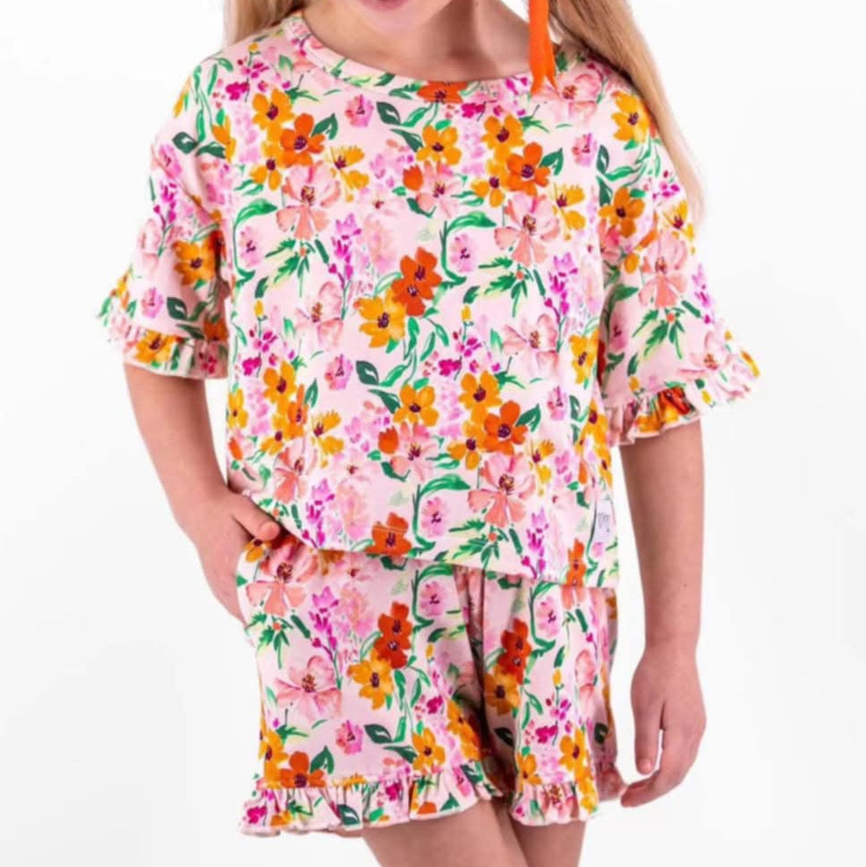 preorder GSSO2526 colorful flowers short sleeve shorts girls set