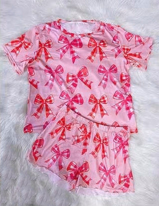 preorder GSSO2528 pink bows coquette bows short sleeve shorts girls set