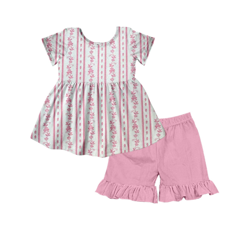 preorder GSSO2530 pink flowers striped short sleeve hot pink shorts girls set