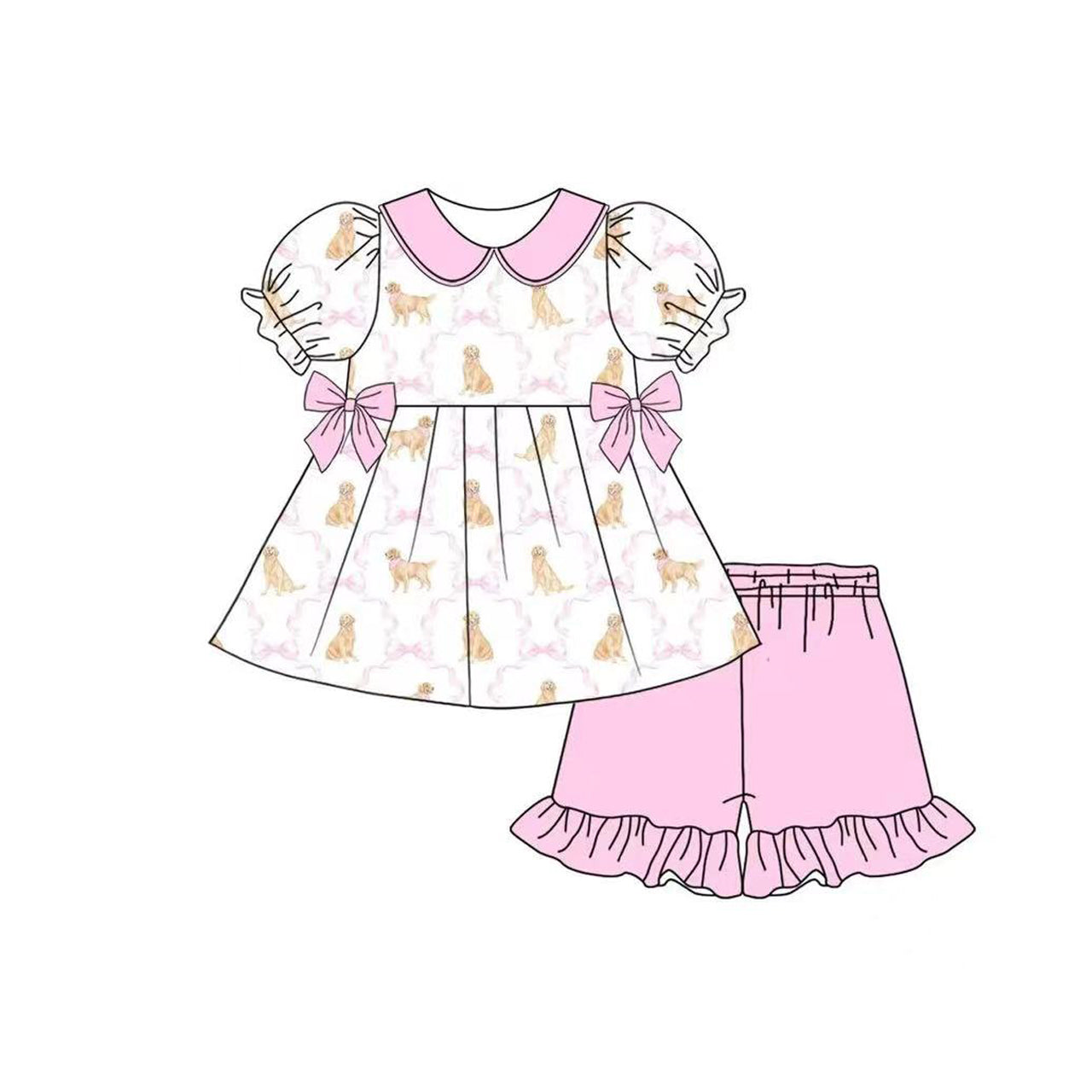 preorder GSSO2532 cute dog pink bows short sleeve pink shorts girls set