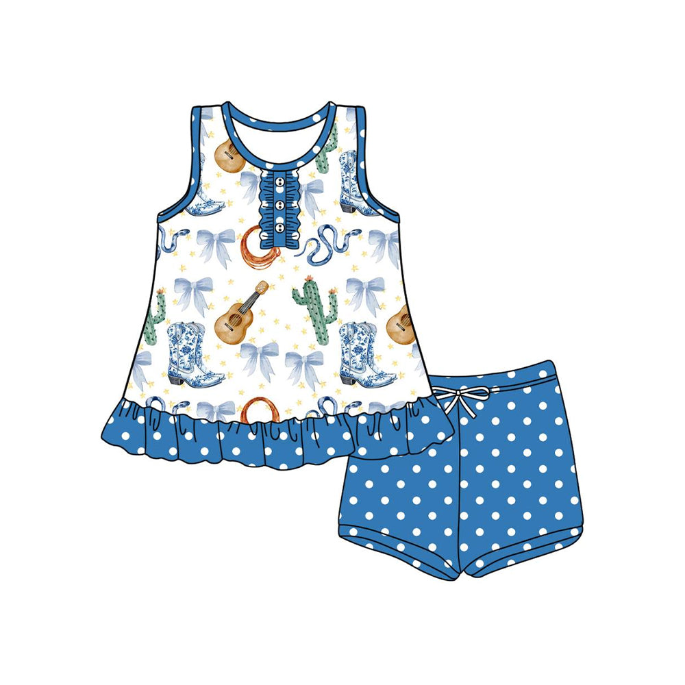 preorder GSSO2535 Western cactus taylor boot sleeveless blue dot shorts girls set