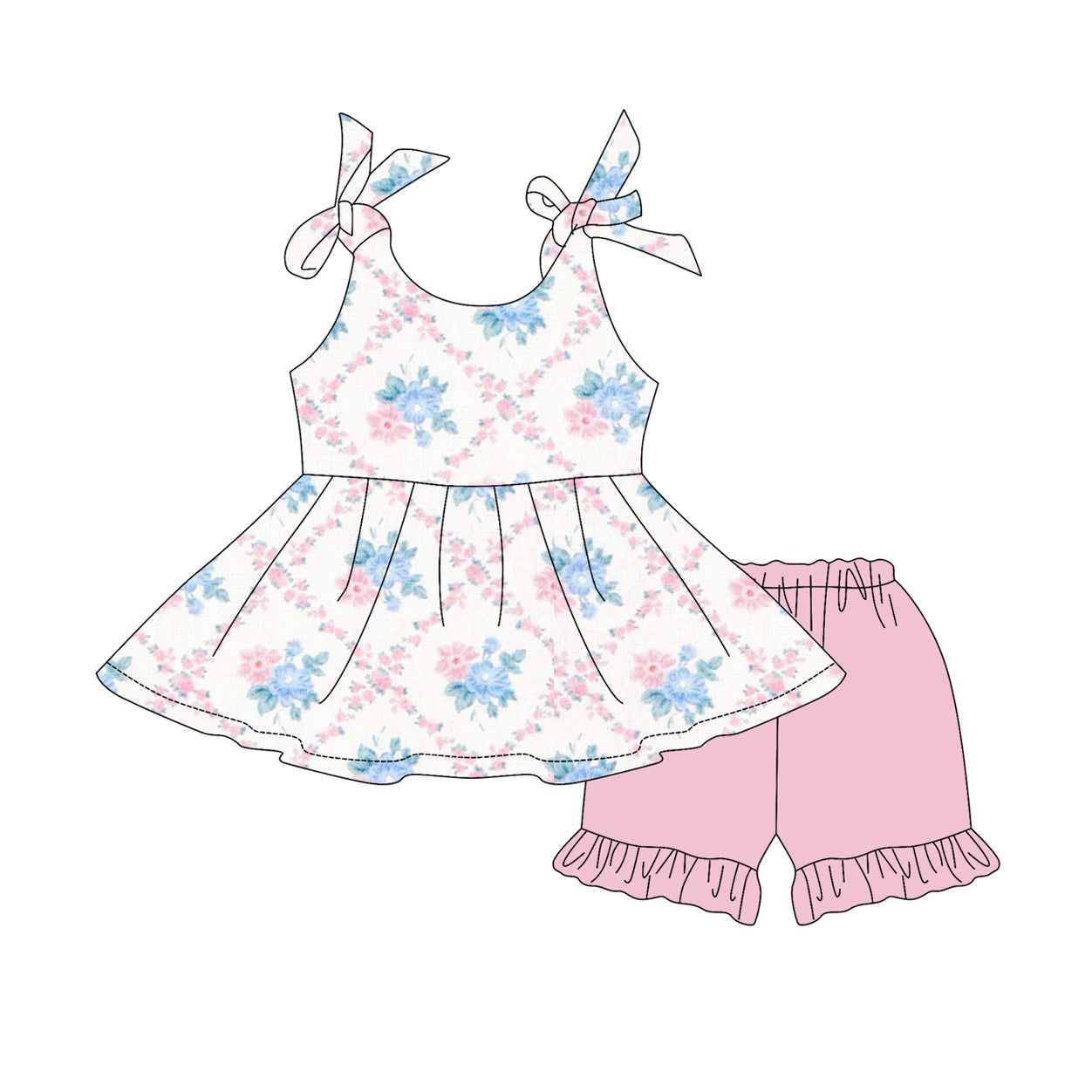preorder GSSO2537 blue pink flowers sleeveless pink shorts girls set