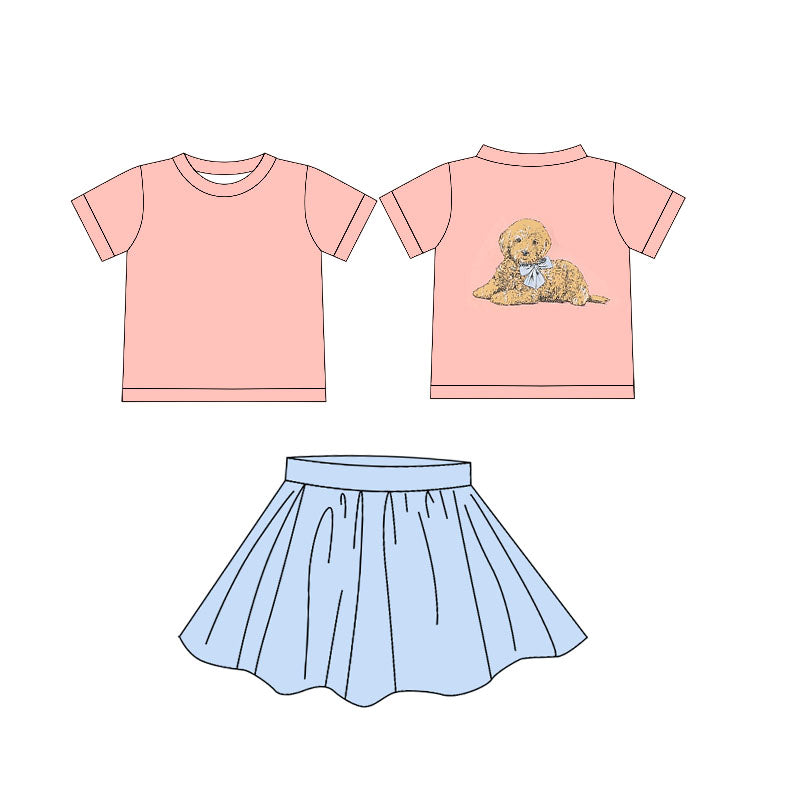 preorder GSSO2542 cute dog pink short sleeve blue skirt girls set