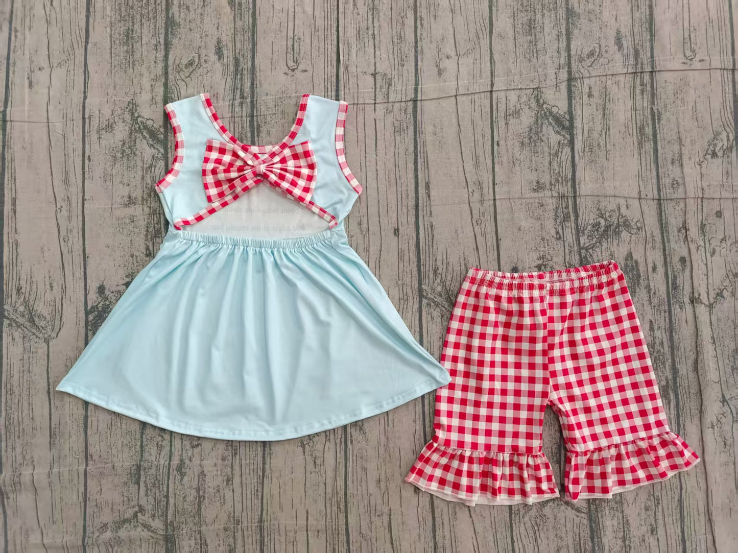 preorder Samples GSSO2544 Spent Forty Eight Dollars Sleeveless Red Checkered Shorts Girls Set