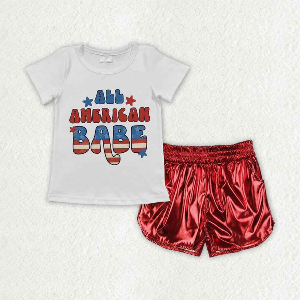 GSSO2546 July 4th all ambroican babe short sleeve red leather shorts girls set