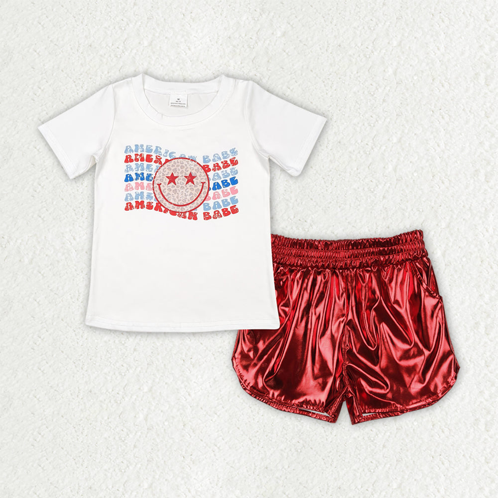 GSSO2547 July 4th all ambroican babe smile short sleeve red leather shorts girls set