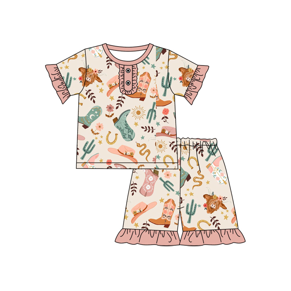 preorder GSSO2548 Western highland cow boot pink short sleeve shorts girls set pajamas